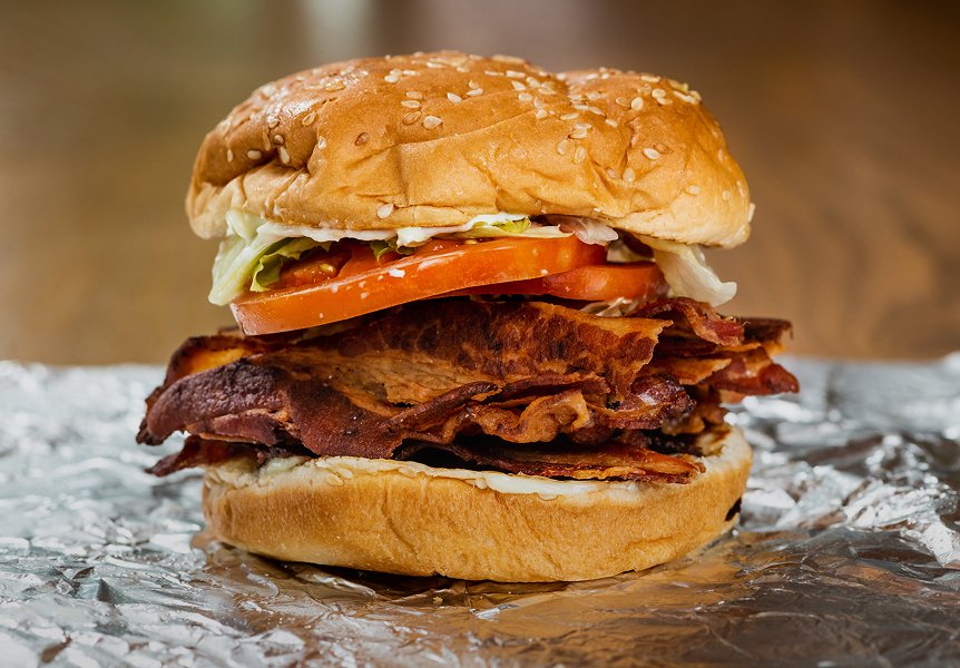 Five Guys BLT sandwich with bacon lettuce and tomato