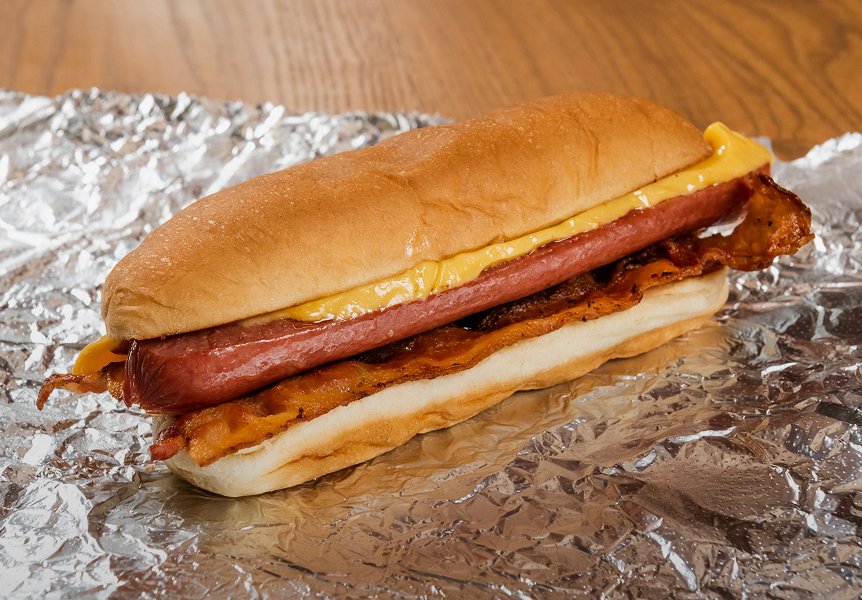 Five Guys Bacon Cheese Dog with bacon and cheese