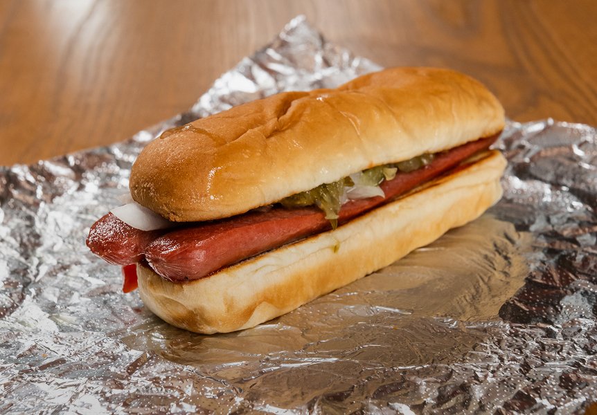 Five Guys Hot Dog all-beef frank split and grilled